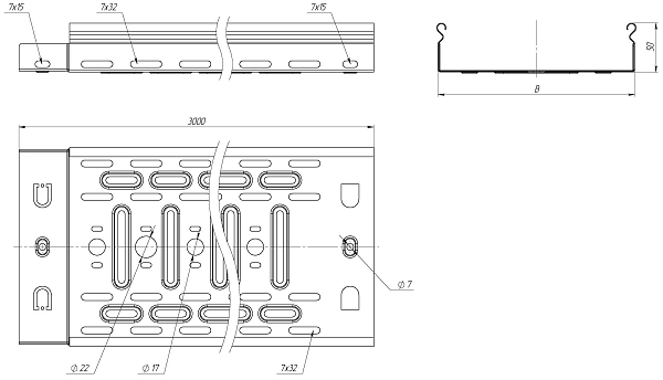 Лоток перфорированный 50x300x3000-0,55 мм EKF