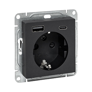 Механизм розетки с USB-A+С - 2шт, 16А, с заземлением, со шторками, чёрный Эпика EKF