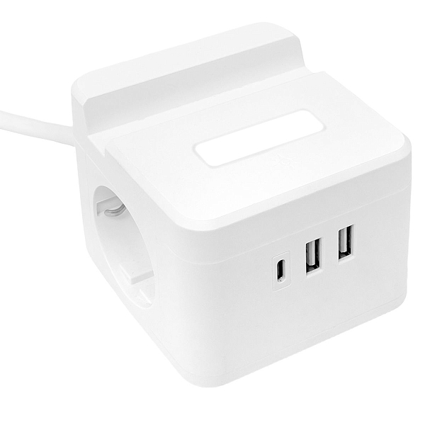 Удлинитель "Куб" 2 гнезда 1USB + 2Type C с быстрой зарядкой, подставкой под телефон и ночником 1,3 метра 1мм2