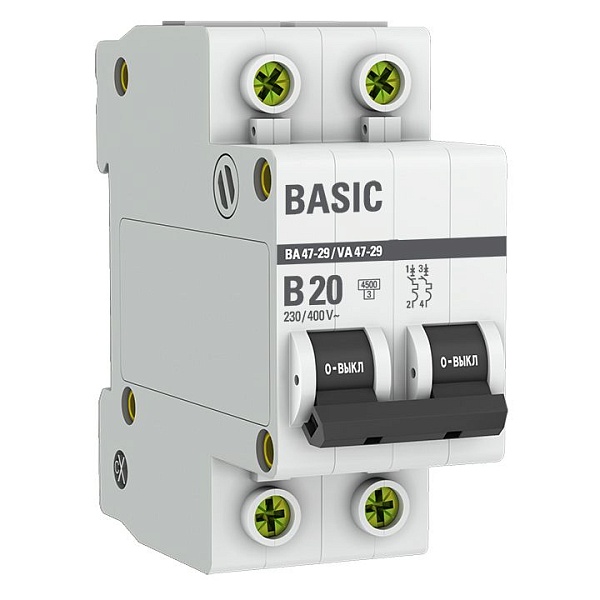Автоматический выключатель ВА 47-29 2P 20А (B) 4,5кА BASIC