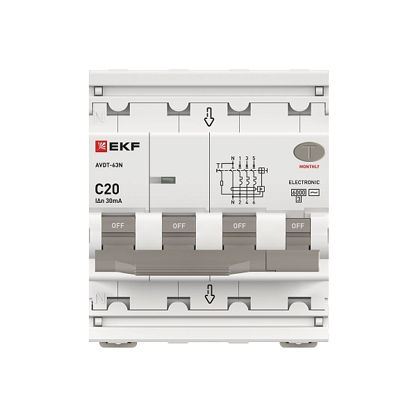 Автоматический выключатель дифференциального тока АВДТ-63N 3P+N 20А характеристика C 30мА тип AC электронный 6кА PROXIMA EKF