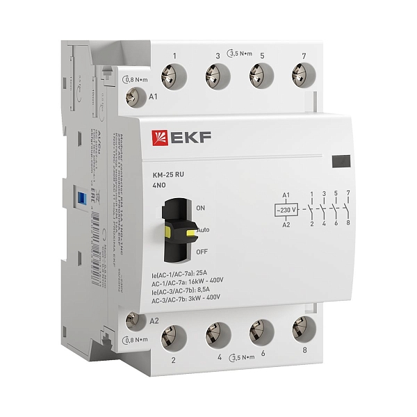 Контактор модульный КМ РУ 25А 4NO 230В АС (3 мод.) PROXIMA EKF