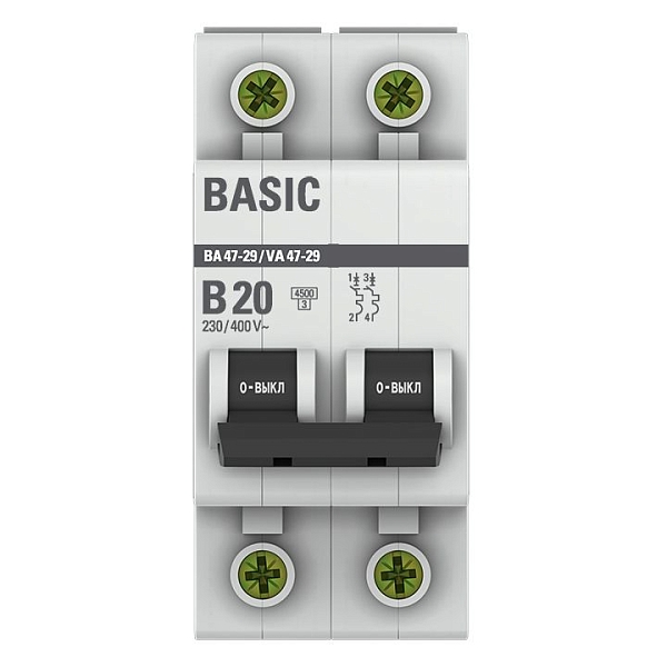 Автоматический выключатель ВА 47-29 2P 20А (B) 4,5кА BASIC