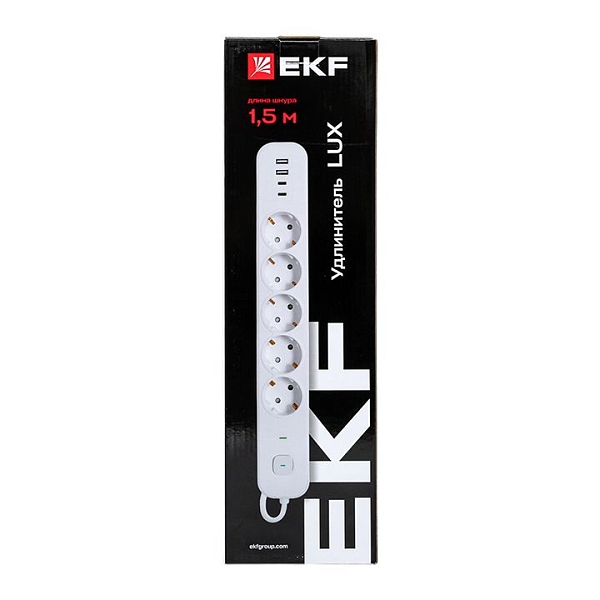 Удлинитель LUX 5 гнезд 2USB 2,4А+2type-C 1,5 метра 1,5мм2 EKF