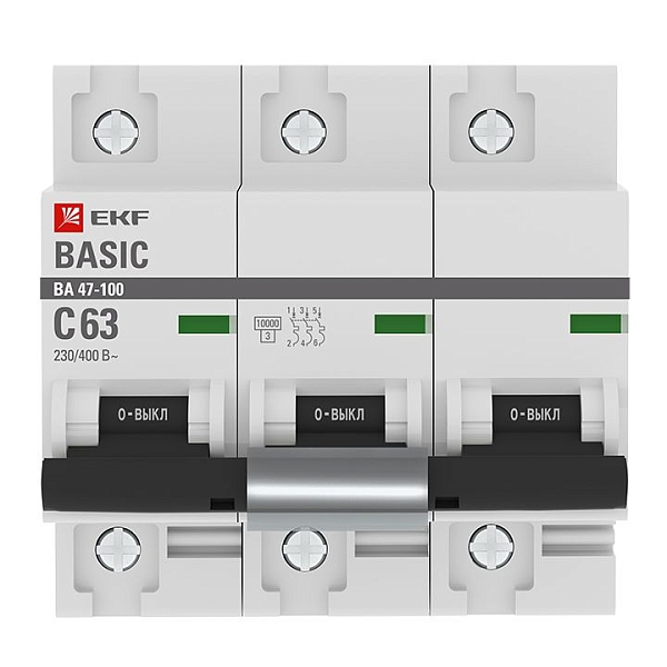Автоматический выключатель 3P 63А (C) 10kA ВА 47-100 EKF Basic