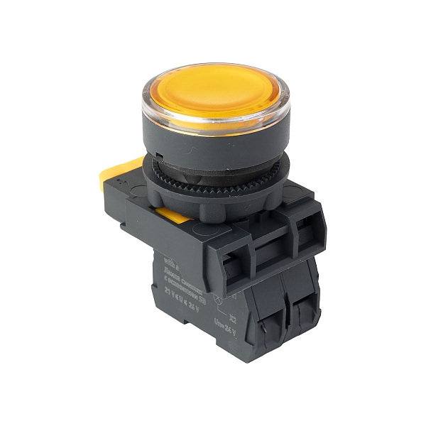 Кнопка SB-27 плоская без фиксации c подсветкой 24V DC 1NO желтая IP65 EKF