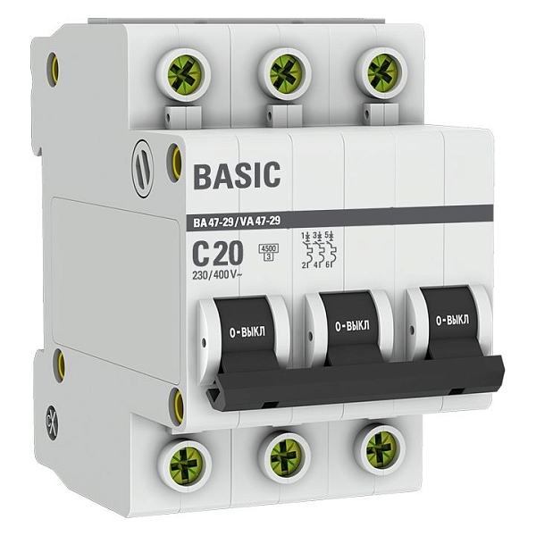 Автоматический выключатель ВА 47-29 3P 20А (C) 4,5кА BASIC