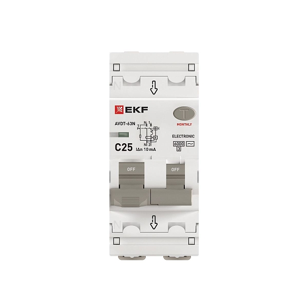 Автоматический выключатель дифференциального тока АВДТ-63N 1P+N 25А характеристика C 10мА тип AC электронный 6кА PROXIMA EKF