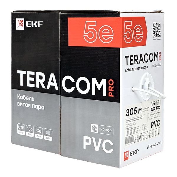 Кабель витая пара TERACOM PRO Cat.5E U/UTP 4 пары solid 24AWG оболочка PVC цвет серый (упак. 305м)