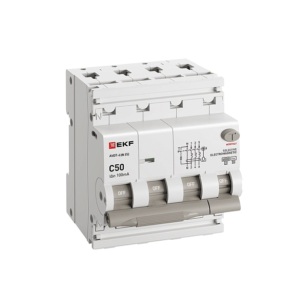 Автоматический выключатель дифференциального тока АВДТ-63N 3P+N (S) 50А характеристика C 100мА тип AC электромеханический селективный 6кА PROXIMA EKF