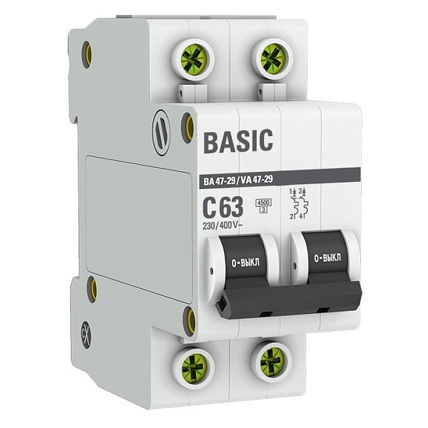 Автоматический выключатель ВА 47-29 2P 63А (C) 4,5кА BASIC