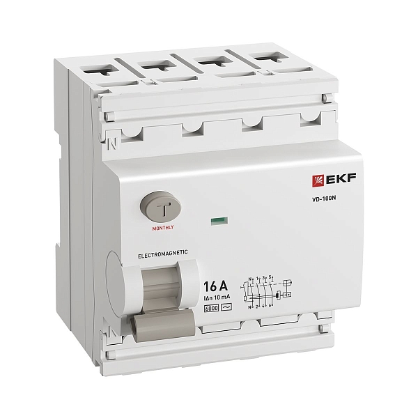 Выключатель дифференциального тока ВД-100N 4P 16А 10мА AC эл-мех 6кА PROXIMA EKF