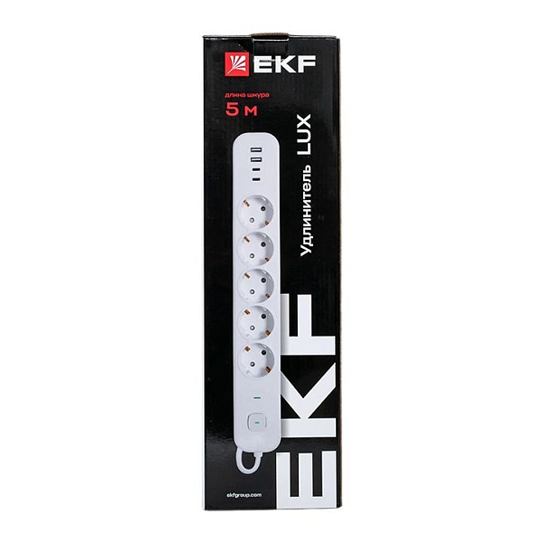 Удлинитель LUX 5 гнезд 2USB 2,4А+2type-C 5 метров 1,5мм2 EKF