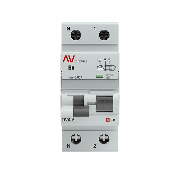 Автоматический выключатель дифференциального тока DVA-6 1P+N 6А характеристика B 30мА тип AС электромеханический 6кА AVERES EKF